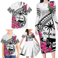 Guam Chamorro Family Matching Long Sleeve Bodycon Dress and Hawaiian Shirt Bougainvillea White Polynesian Tribal Pattern LT05 - Polynesian Pride