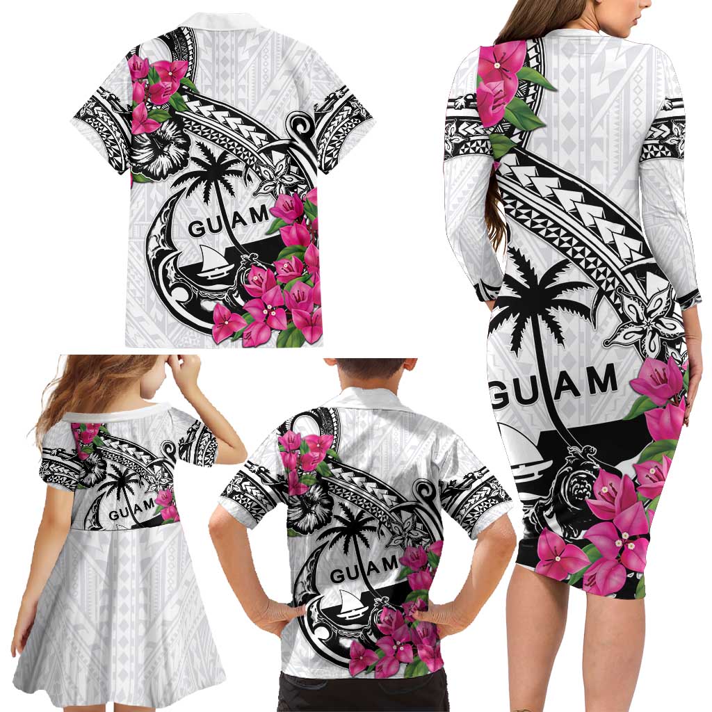 Guam Chamorro Family Matching Long Sleeve Bodycon Dress and Hawaiian Shirt Bougainvillea White Polynesian Tribal Pattern LT05 - Polynesian Pride