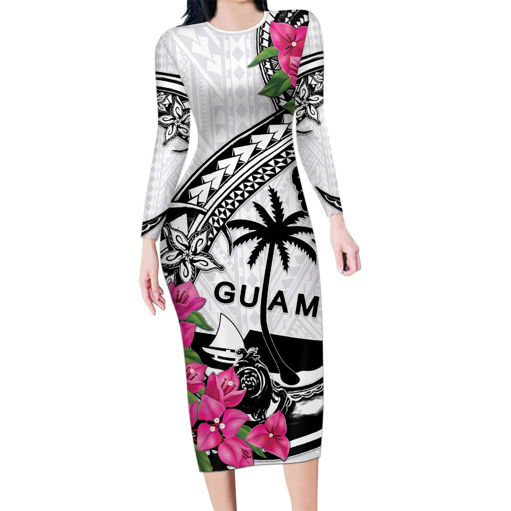 Guam Chamorro Family Matching Long Sleeve Bodycon Dress and Hawaiian Shirt Bougainvillea White Polynesian Tribal Pattern LT05 Mom's Dress White - Polynesian Pride