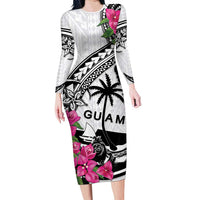 Guam Chamorro Family Matching Long Sleeve Bodycon Dress and Hawaiian Shirt Bougainvillea White Polynesian Tribal Pattern LT05 Mom's Dress White - Polynesian Pride