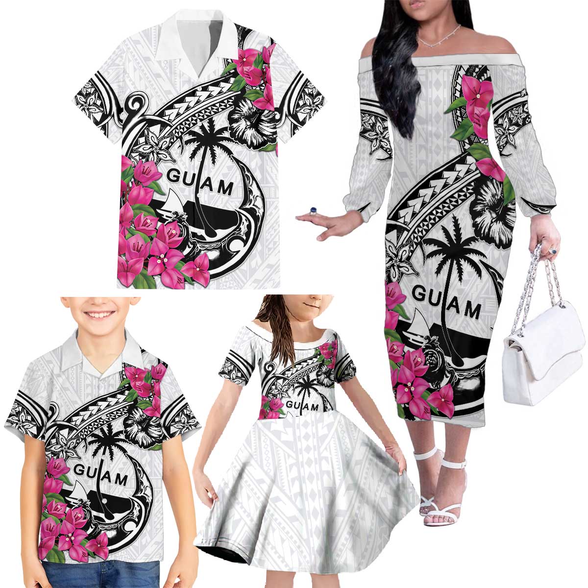 Guam Chamorro Family Matching Off The Shoulder Long Sleeve Dress and Hawaiian Shirt Bougainvillea White Polynesian Tribal Pattern LT05 - Polynesian Pride