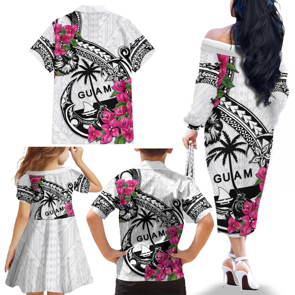Guam Chamorro Family Matching Off The Shoulder Long Sleeve Dress and Hawaiian Shirt Bougainvillea White Polynesian Tribal Pattern LT05 - Polynesian Pride