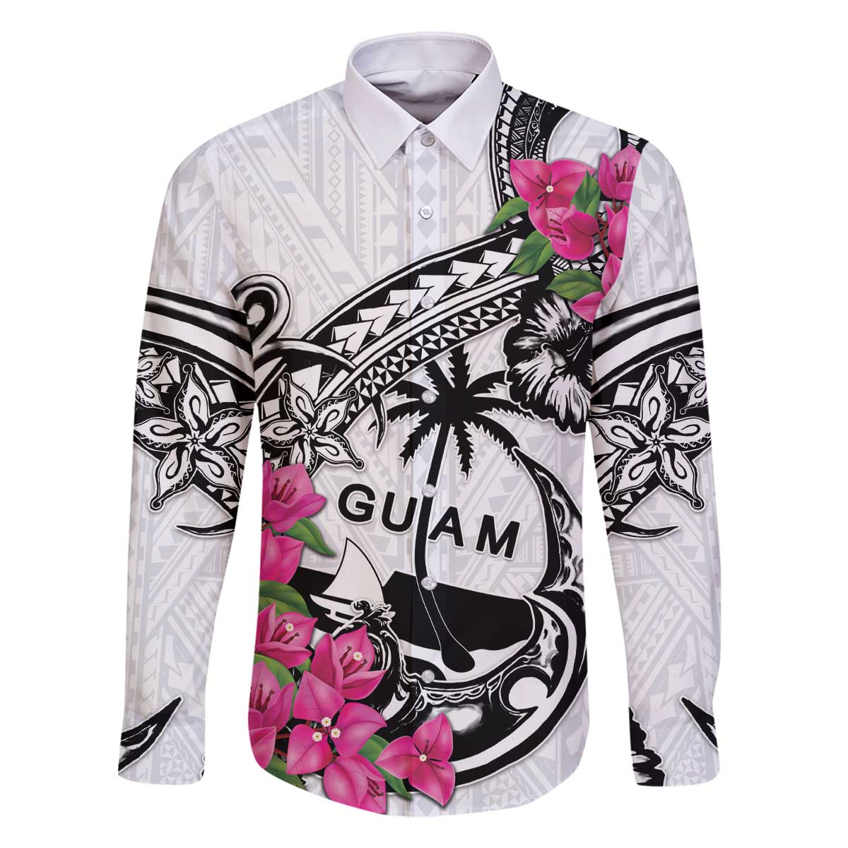 Guam Chamorro Family Matching Off The Shoulder Long Sleeve Dress and Hawaiian Shirt Bougainvillea White Polynesian Tribal Pattern LT05 Dad's Shirt - Long Sleeve White - Polynesian Pride