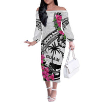 Guam Chamorro Family Matching Off The Shoulder Long Sleeve Dress and Hawaiian Shirt Bougainvillea White Polynesian Tribal Pattern LT05 Mom's Dress White - Polynesian Pride
