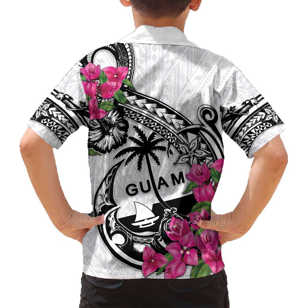 Guam Chamorro Family Matching Off Shoulder Maxi Dress and Hawaiian Shirt Bougainvillea White Polynesian Tribal Pattern LT05 - Polynesian Pride