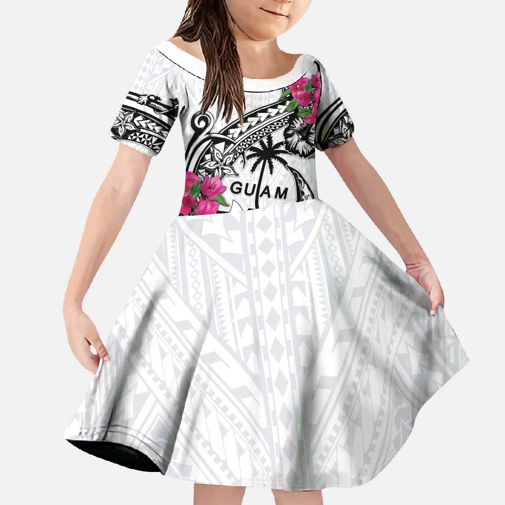 Guam Chamorro Family Matching Off Shoulder Maxi Dress and Hawaiian Shirt Bougainvillea White Polynesian Tribal Pattern LT05 Daughter's Dress White - Polynesian Pride