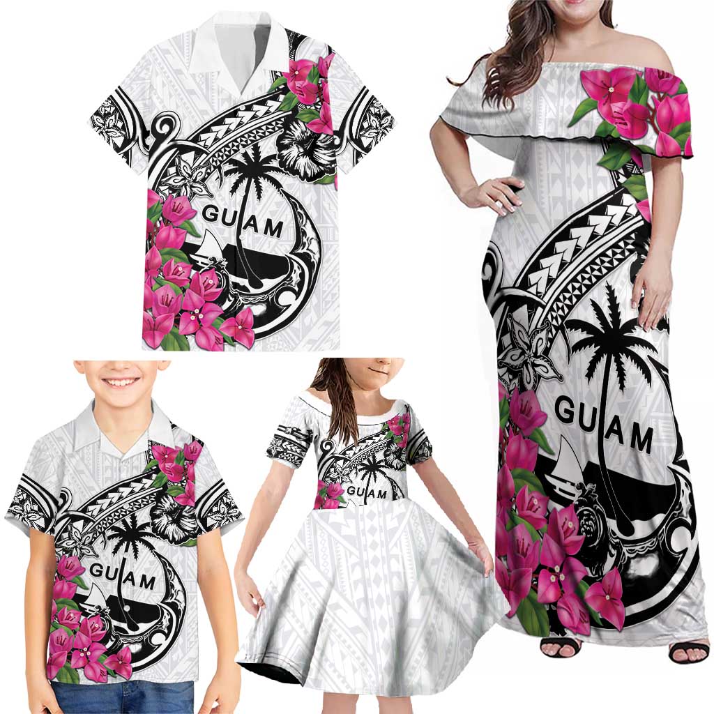 Guam Chamorro Family Matching Off Shoulder Maxi Dress and Hawaiian Shirt Bougainvillea White Polynesian Tribal Pattern LT05 - Polynesian Pride