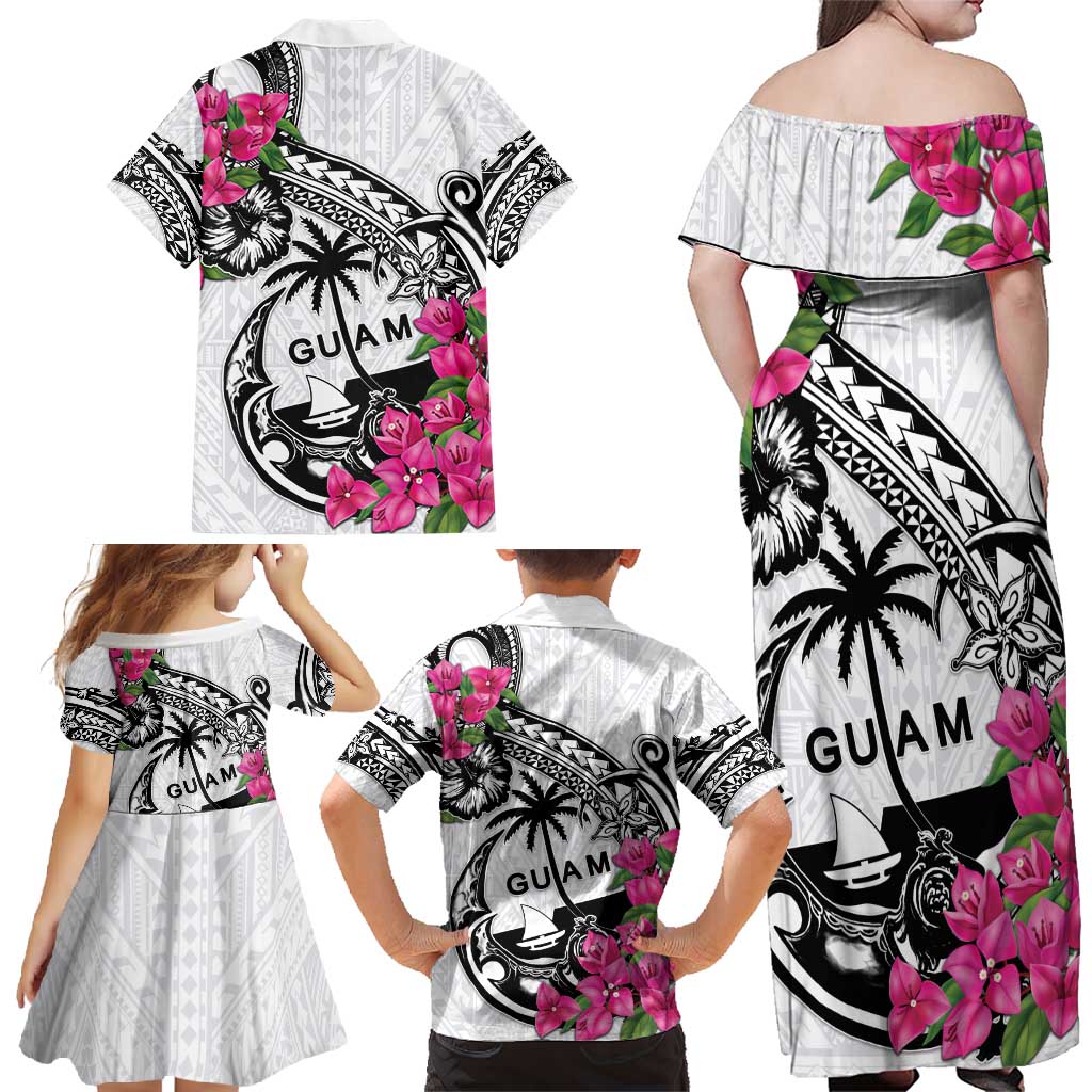 Guam Chamorro Family Matching Off Shoulder Maxi Dress and Hawaiian Shirt Bougainvillea White Polynesian Tribal Pattern LT05 - Polynesian Pride