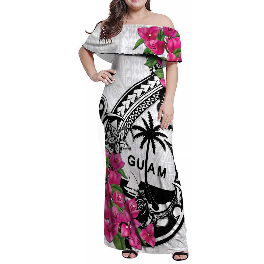 Guam Chamorro Family Matching Off Shoulder Maxi Dress and Hawaiian Shirt Bougainvillea White Polynesian Tribal Pattern LT05 Mom's Dress White - Polynesian Pride