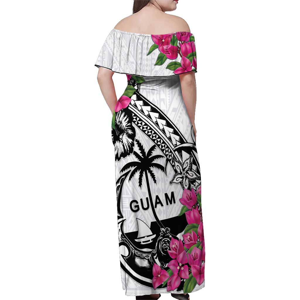 Guam Chamorro Family Matching Off Shoulder Maxi Dress and Hawaiian Shirt Bougainvillea White Polynesian Tribal Pattern LT05 - Polynesian Pride