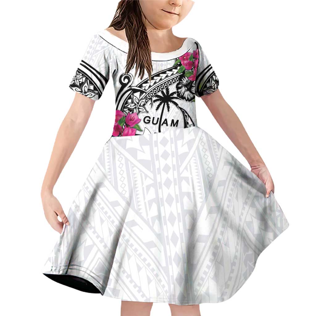 Guam Chamorro Family Matching Off Shoulder Short Dress and Hawaiian Shirt Bougainvillea White Polynesian Tribal Pattern LT05 Daughter's Dress White - Polynesian Pride