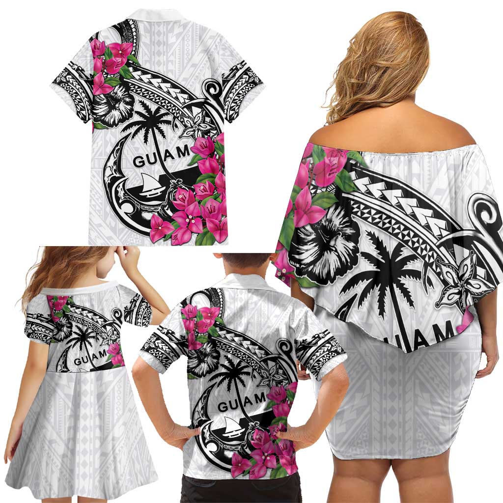 Guam Chamorro Family Matching Off Shoulder Short Dress and Hawaiian Shirt Bougainvillea White Polynesian Tribal Pattern LT05 - Polynesian Pride