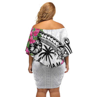 Guam Chamorro Family Matching Off Shoulder Short Dress and Hawaiian Shirt Bougainvillea White Polynesian Tribal Pattern LT05 - Polynesian Pride