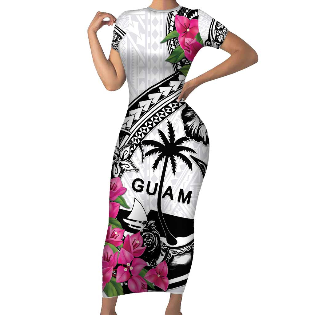 Guam Chamorro Family Matching Short Sleeve Bodycon Dress and Hawaiian Shirt Bougainvillea White Polynesian Tribal Pattern LT05 Mom's Dress White - Polynesian Pride