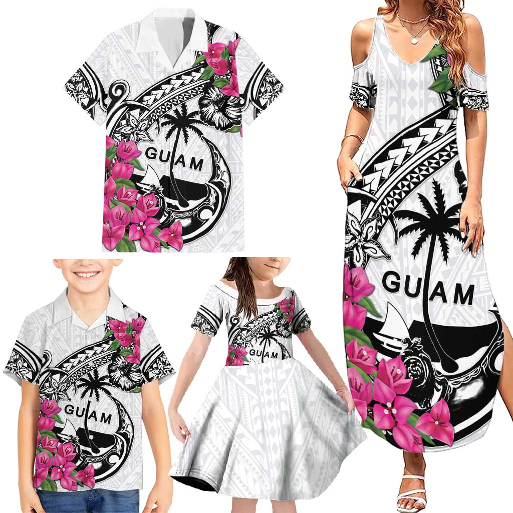 Guam Chamorro Family Matching Summer Maxi Dress and Hawaiian Shirt Bougainvillea White Polynesian Tribal Pattern LT05 - Polynesian Pride