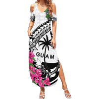 Guam Chamorro Family Matching Summer Maxi Dress and Hawaiian Shirt Bougainvillea White Polynesian Tribal Pattern LT05 Mom's Dress White - Polynesian Pride