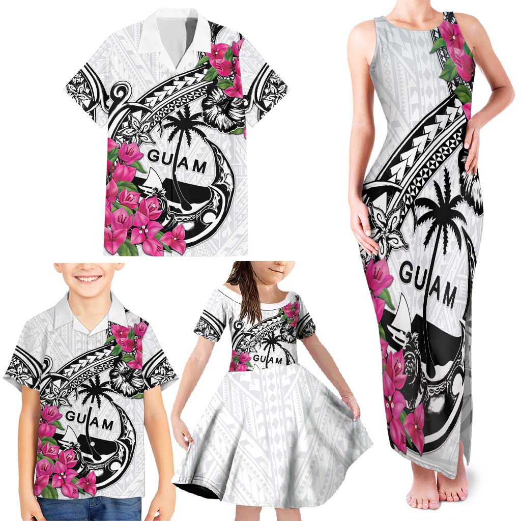 Guam Chamorro Family Matching Tank Maxi Dress and Hawaiian Shirt Bougainvillea White Polynesian Tribal Pattern LT05 - Polynesian Pride
