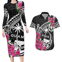 Guam Chamorro Couples Matching Long Sleeve Bodycon Dress and Hawaiian Shirt Bougainvillea Black Polynesian Tribal Pattern LT05 Black - Polynesian Pride