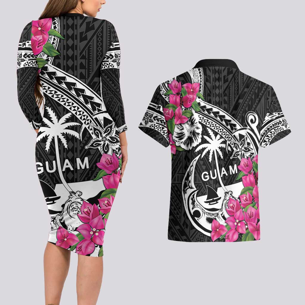 Guam Chamorro Couples Matching Long Sleeve Bodycon Dress and Hawaiian Shirt Bougainvillea Black Polynesian Tribal Pattern LT05 - Polynesian Pride