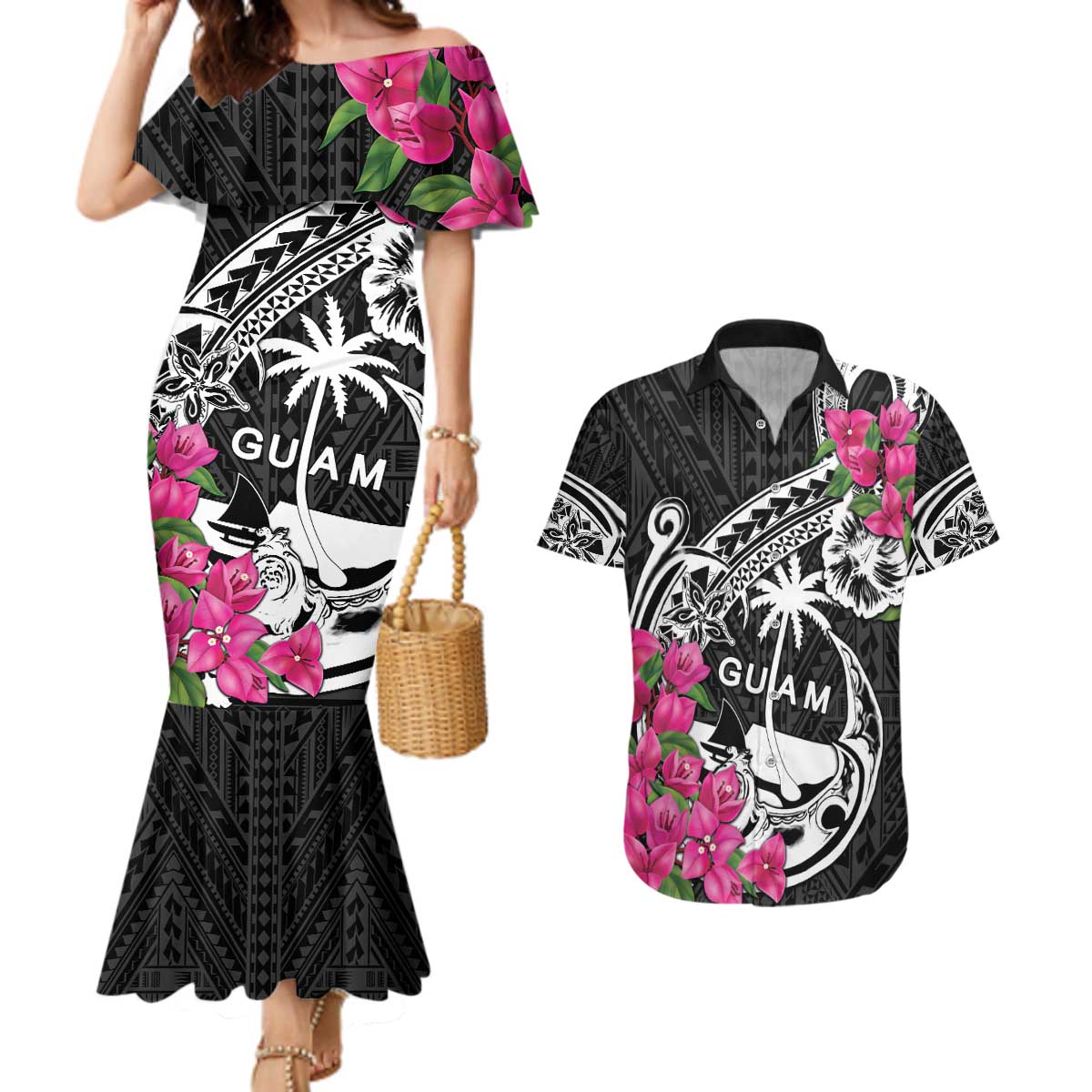 Guam Chamorro Couples Matching Mermaid Dress and Hawaiian Shirt Bougainvillea Black Polynesian Tribal Pattern LT05 Black - Polynesian Pride
