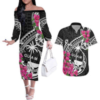 Guam Chamorro Couples Matching Off The Shoulder Long Sleeve Dress and Hawaiian Shirt Bougainvillea Black Polynesian Tribal Pattern LT05 Black - Polynesian Pride