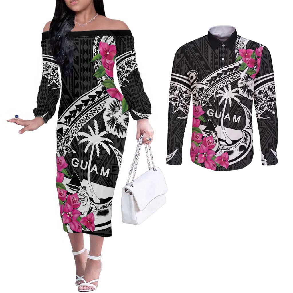 Guam Chamorro Couples Matching Off The Shoulder Long Sleeve Dress and Long Sleeve Button Shirt Bougainvillea Black Polynesian Tribal Pattern LT05 Black - Polynesian Pride