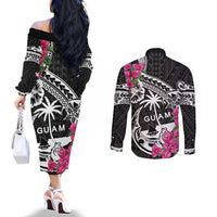 Guam Chamorro Couples Matching Off The Shoulder Long Sleeve Dress and Long Sleeve Button Shirt Bougainvillea Black Polynesian Tribal Pattern LT05 - Polynesian Pride