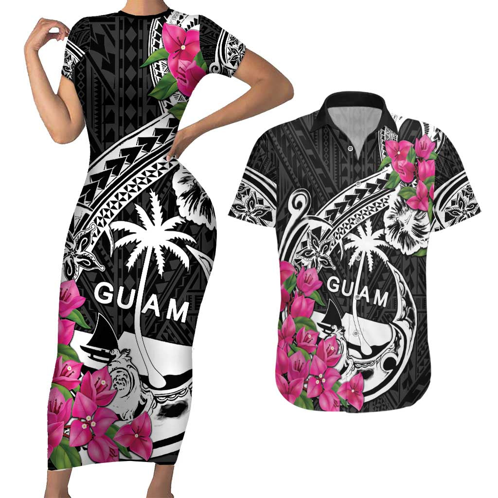 Guam Chamorro Couples Matching Short Sleeve Bodycon Dress and Hawaiian Shirt Bougainvillea Black Polynesian Tribal Pattern LT05 Black - Polynesian Pride