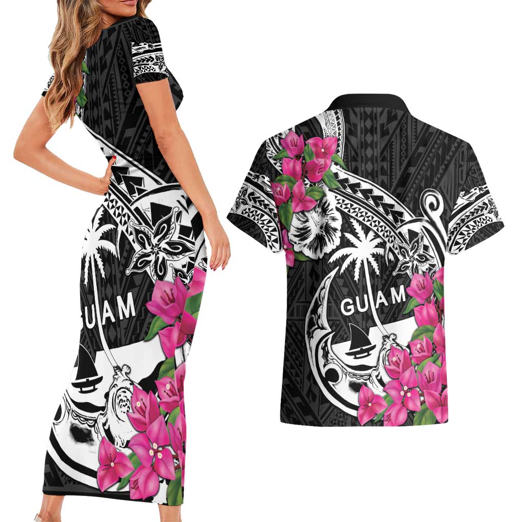 Guam Chamorro Couples Matching Short Sleeve Bodycon Dress and Hawaiian Shirt Bougainvillea Black Polynesian Tribal Pattern LT05 - Polynesian Pride