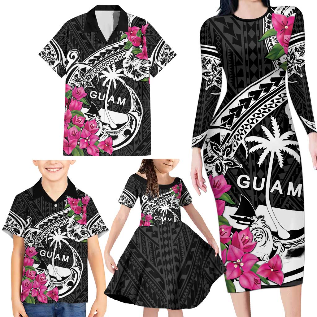Guam Chamorro Family Matching Long Sleeve Bodycon Dress and Hawaiian Shirt Bougainvillea Black Polynesian Tribal Pattern LT05 - Polynesian Pride