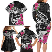 Guam Chamorro Family Matching Long Sleeve Bodycon Dress and Hawaiian Shirt Bougainvillea Black Polynesian Tribal Pattern LT05 - Polynesian Pride