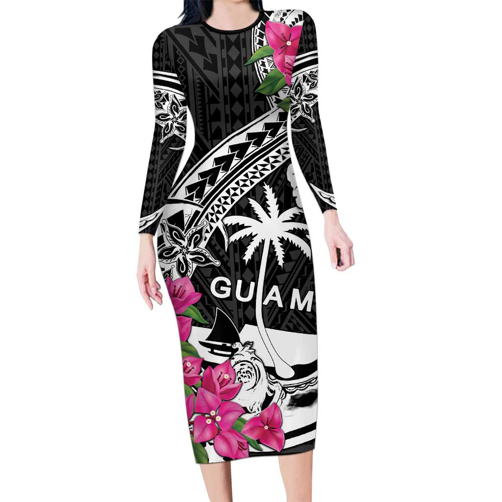 Guam Chamorro Family Matching Long Sleeve Bodycon Dress and Hawaiian Shirt Bougainvillea Black Polynesian Tribal Pattern LT05 Mom's Dress Black - Polynesian Pride