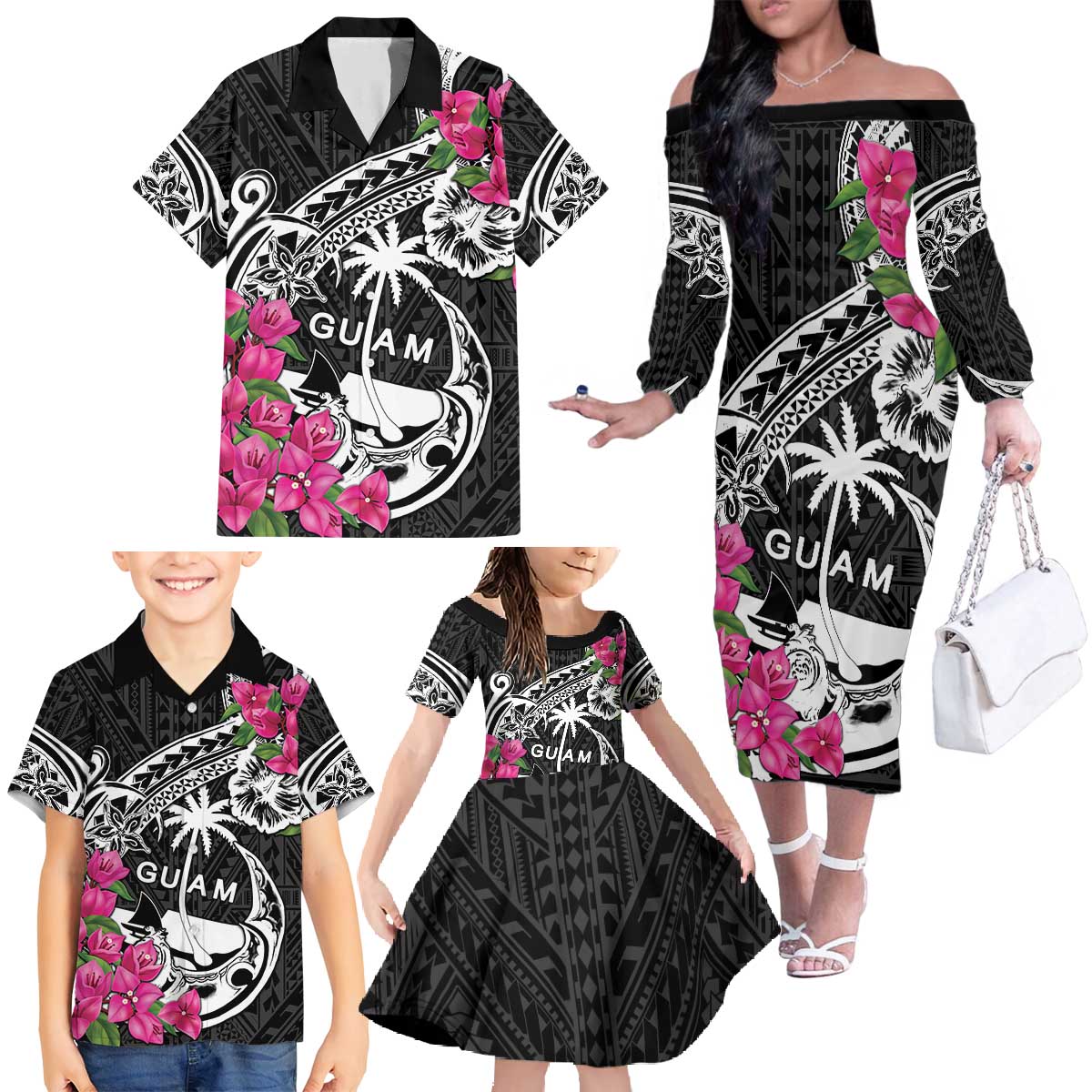 Guam Chamorro Family Matching Off The Shoulder Long Sleeve Dress and Hawaiian Shirt Bougainvillea Black Polynesian Tribal Pattern LT05 - Polynesian Pride