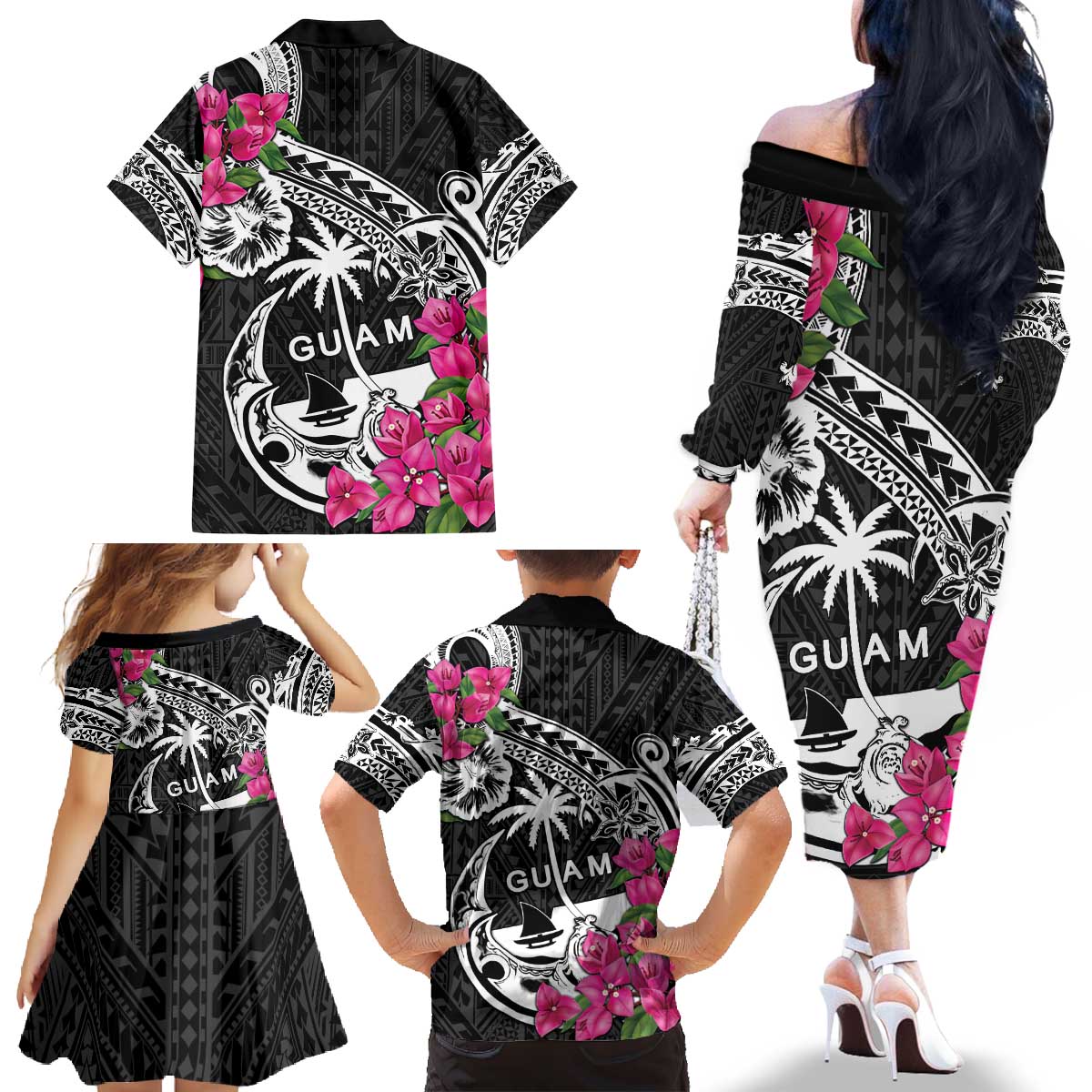 Guam Chamorro Family Matching Off The Shoulder Long Sleeve Dress and Hawaiian Shirt Bougainvillea Black Polynesian Tribal Pattern LT05 - Polynesian Pride