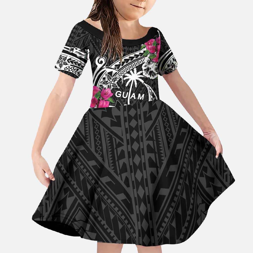 Guam Chamorro Family Matching Off Shoulder Maxi Dress and Hawaiian Shirt Bougainvillea Black Polynesian Tribal Pattern LT05 Daughter's Dress Black - Polynesian Pride