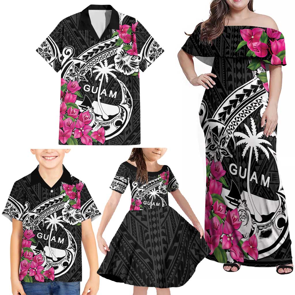 Guam Chamorro Family Matching Off Shoulder Maxi Dress and Hawaiian Shirt Bougainvillea Black Polynesian Tribal Pattern LT05 - Polynesian Pride