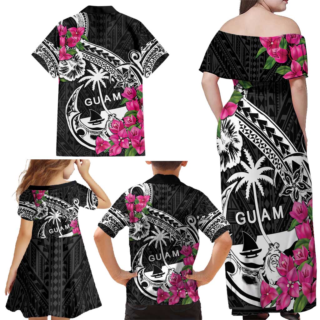 Guam Chamorro Family Matching Off Shoulder Maxi Dress and Hawaiian Shirt Bougainvillea Black Polynesian Tribal Pattern LT05 - Polynesian Pride