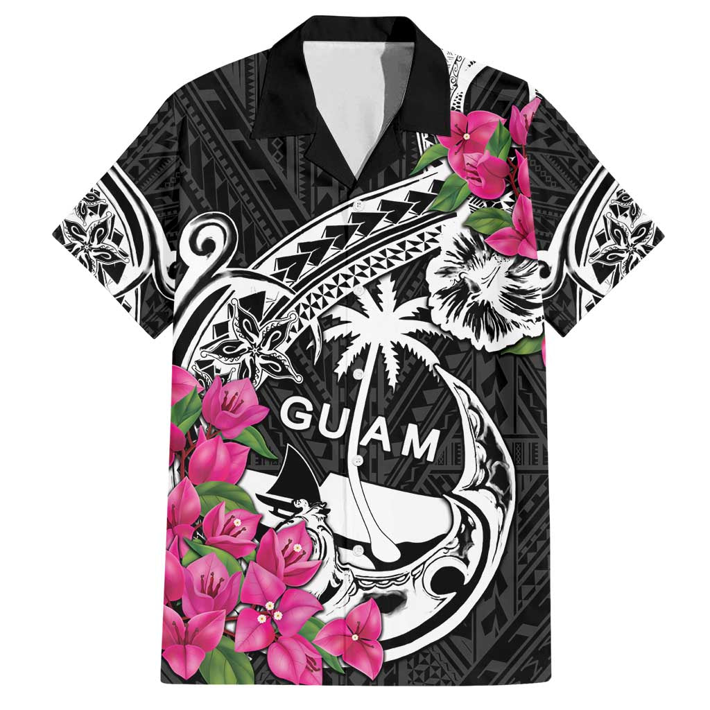 Guam Chamorro Family Matching Off Shoulder Maxi Dress and Hawaiian Shirt Bougainvillea Black Polynesian Tribal Pattern LT05 Dad's Shirt - Short Sleeve Black - Polynesian Pride