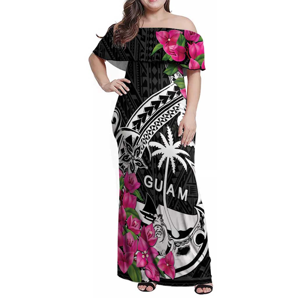 Guam Chamorro Family Matching Off Shoulder Maxi Dress and Hawaiian Shirt Bougainvillea Black Polynesian Tribal Pattern LT05 Mom's Dress Black - Polynesian Pride