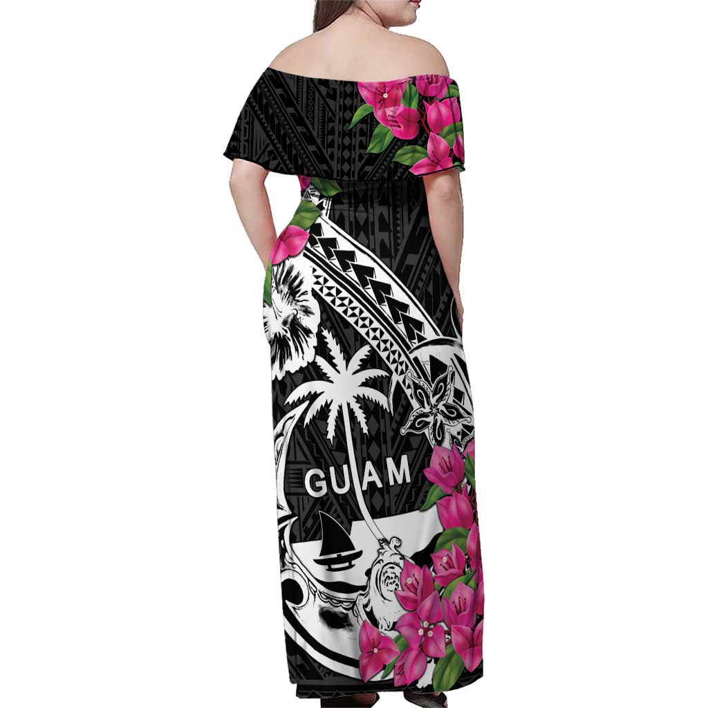 Guam Chamorro Family Matching Off Shoulder Maxi Dress and Hawaiian Shirt Bougainvillea Black Polynesian Tribal Pattern LT05 - Polynesian Pride
