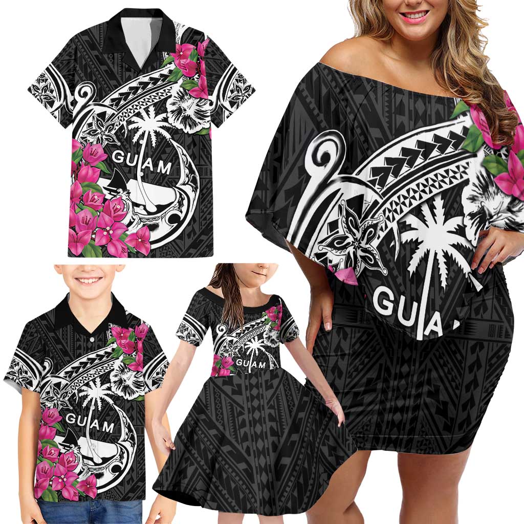 Guam Chamorro Family Matching Off Shoulder Short Dress and Hawaiian Shirt Bougainvillea Black Polynesian Tribal Pattern LT05 - Polynesian Pride