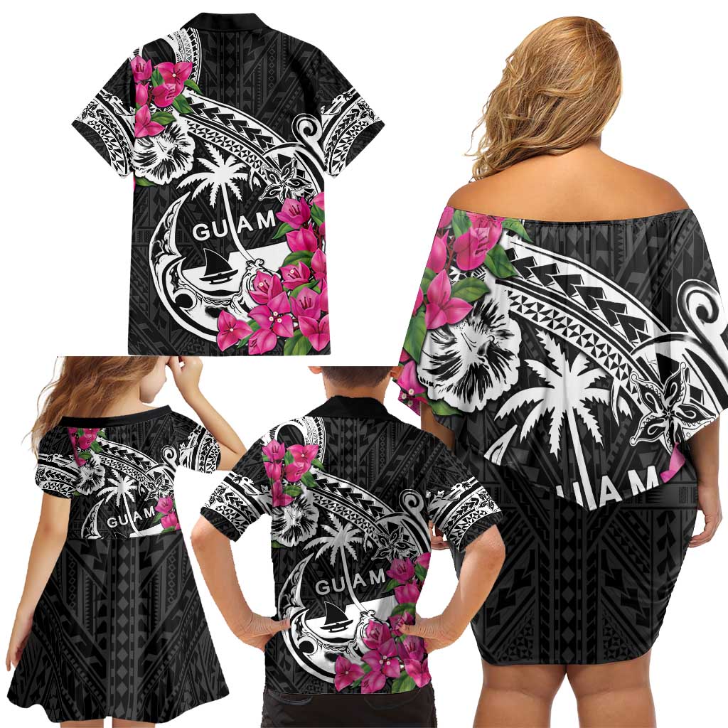 Guam Chamorro Family Matching Off Shoulder Short Dress and Hawaiian Shirt Bougainvillea Black Polynesian Tribal Pattern LT05 - Polynesian Pride