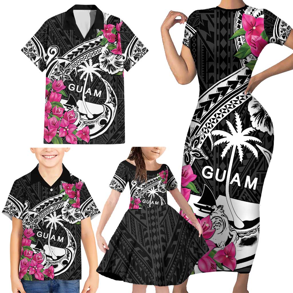 Guam Chamorro Family Matching Short Sleeve Bodycon Dress and Hawaiian Shirt Bougainvillea Black Polynesian Tribal Pattern LT05 - Polynesian Pride