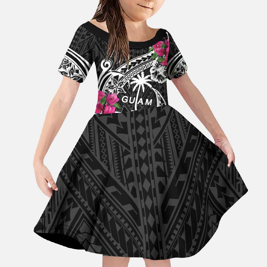 Guam Chamorro Family Matching Summer Maxi Dress and Hawaiian Shirt Bougainvillea Black Polynesian Tribal Pattern LT05 Daughter's Dress Black - Polynesian Pride