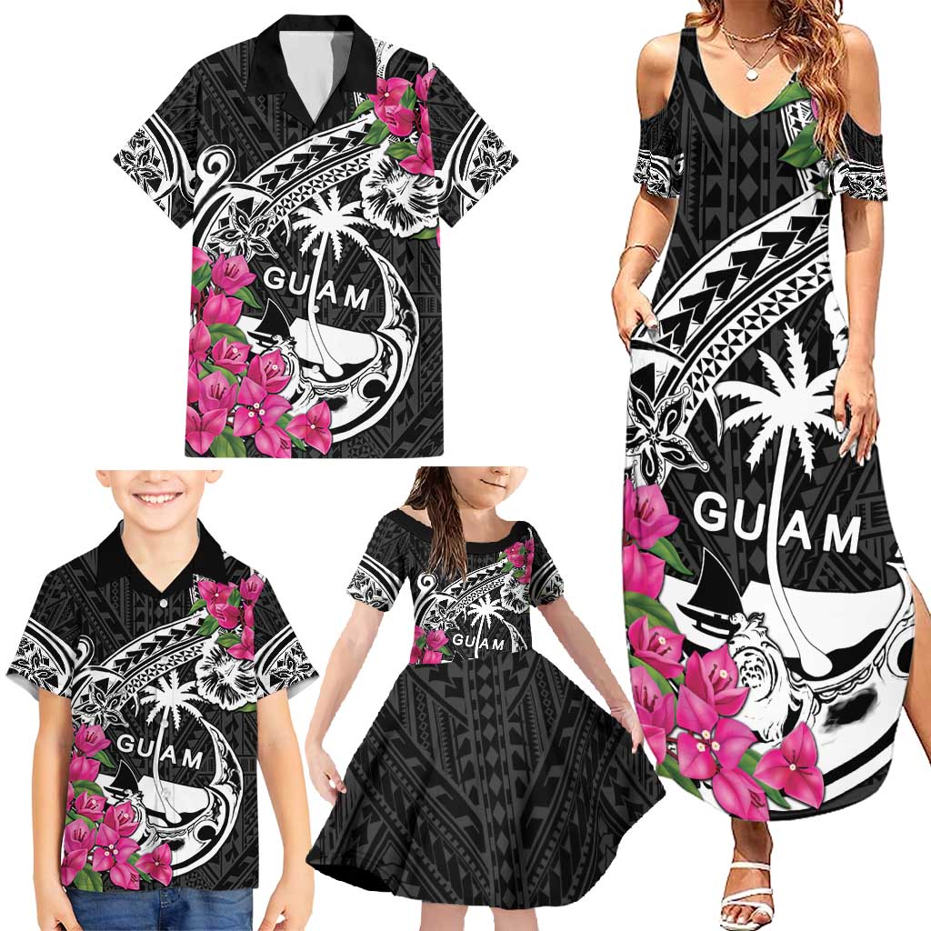Guam Chamorro Family Matching Summer Maxi Dress and Hawaiian Shirt Bougainvillea Black Polynesian Tribal Pattern LT05 - Polynesian Pride