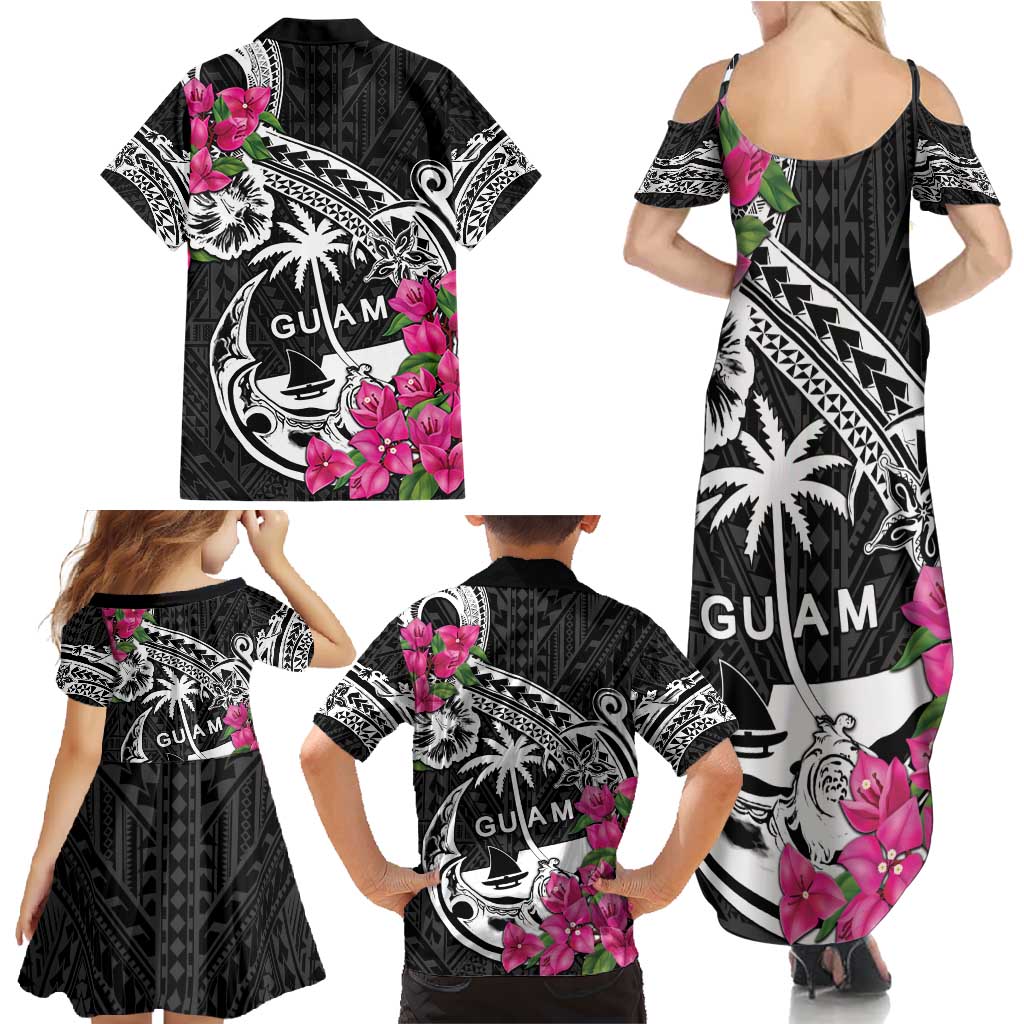 Guam Chamorro Family Matching Summer Maxi Dress and Hawaiian Shirt Bougainvillea Black Polynesian Tribal Pattern LT05 - Polynesian Pride