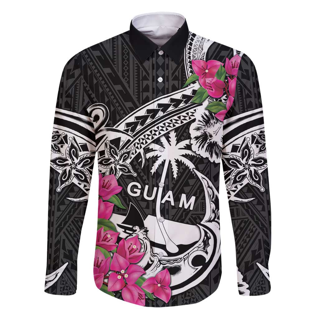 Guam Chamorro Family Matching Summer Maxi Dress and Hawaiian Shirt Bougainvillea Black Polynesian Tribal Pattern LT05 Dad's Shirt - Long Sleeve Black - Polynesian Pride