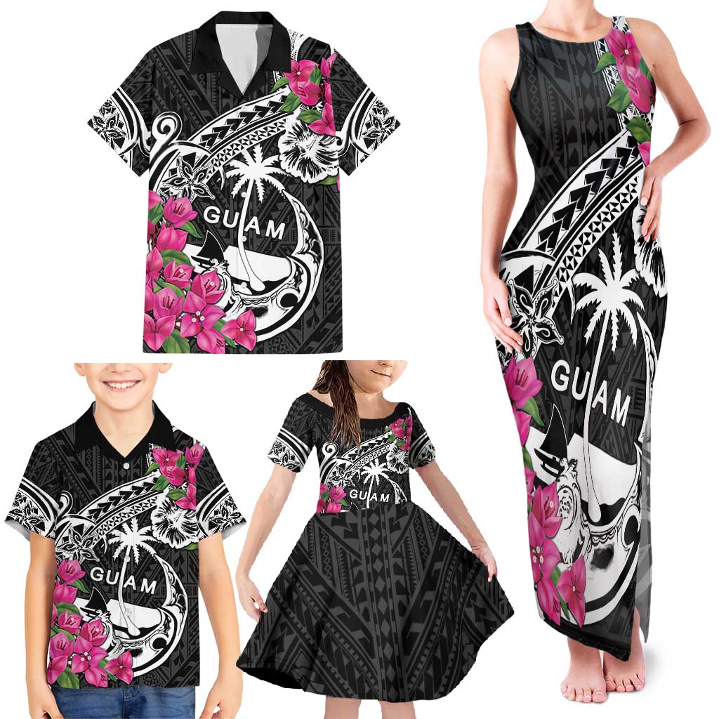 Guam Chamorro Family Matching Tank Maxi Dress and Hawaiian Shirt Bougainvillea Black Polynesian Tribal Pattern LT05 - Polynesian Pride