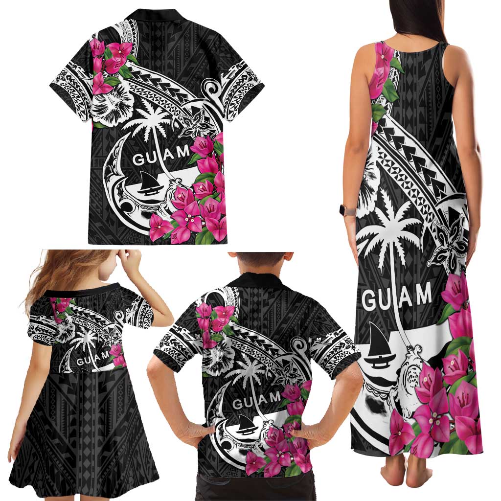 Guam Chamorro Family Matching Tank Maxi Dress and Hawaiian Shirt Bougainvillea Black Polynesian Tribal Pattern LT05 - Polynesian Pride