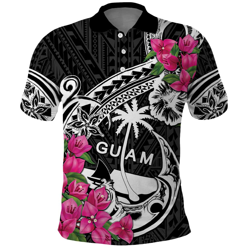 Guam Chamorro Polo Shirt Bougainvillea Black Polynesian Tribal Pattern LT05 Black - Polynesian Pride